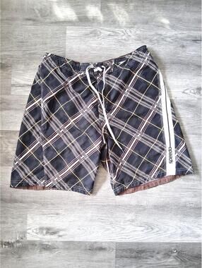 Speedo Men's XL Black/White/Brown Plaid Swim Trunks/Shorts, Drawstring, Lined